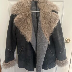 Womens Faux Shearling Coat with Taupe Fur Trim
